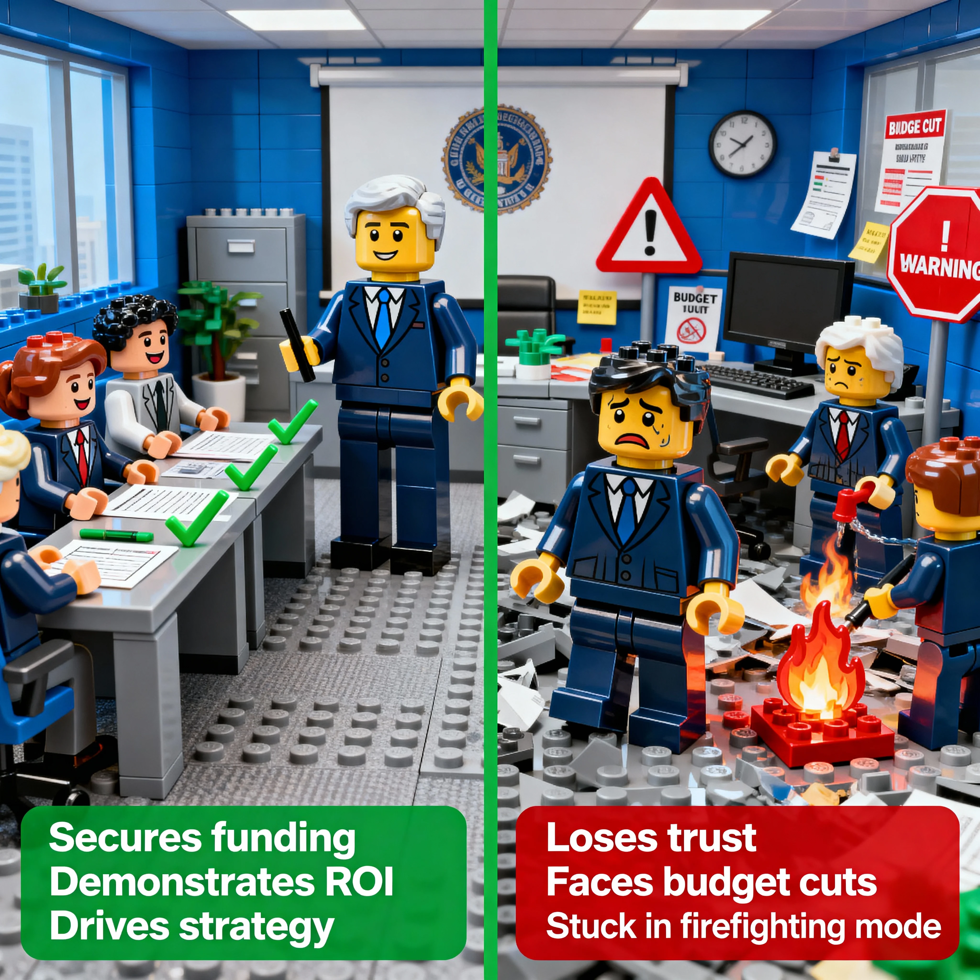 Split LEGO scene comparing two government leaders - left shows confident leader with green success indicators and funding approvals, right shows stressed leader with red warning signs and budget cuts in chaotic office