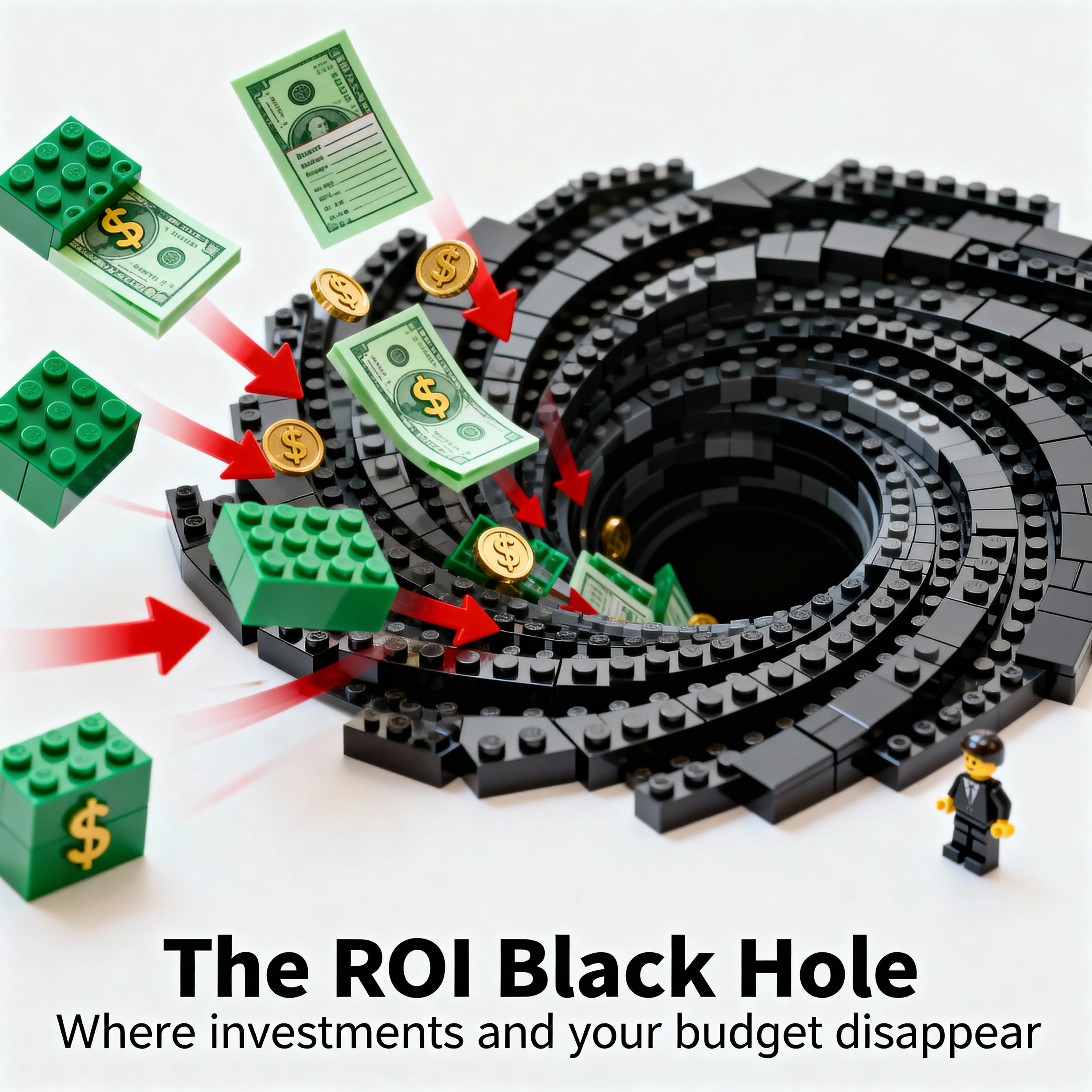 LEGO black hole made of dark blocks with green money/budget elements and investment documents being sucked into the center, titled 'The ROI Black Hole' on clean white background