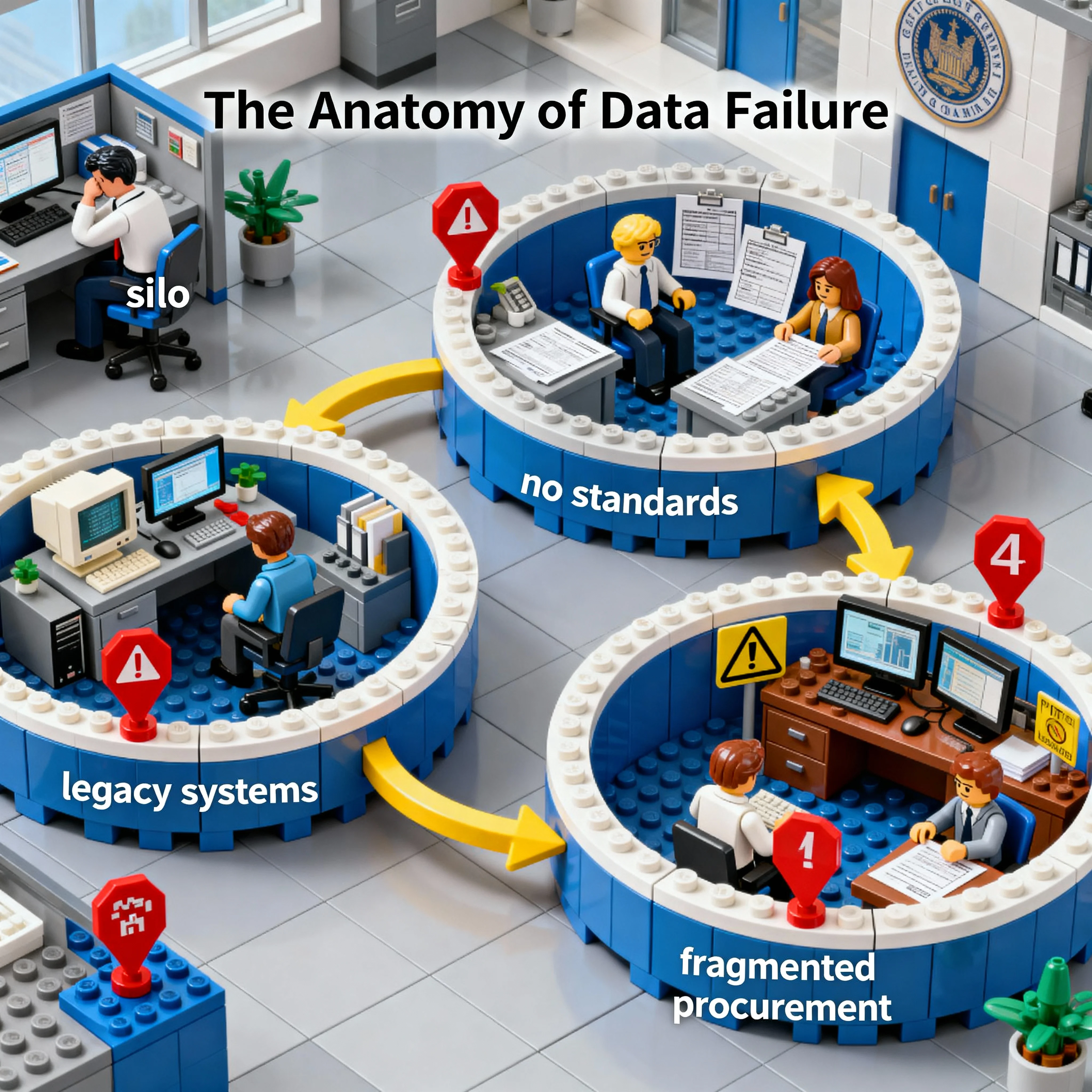LEGO scene showing four government office sections with frustrated workers representing data silos, lack of standards, legacy systems, and fragmented procurement, connected by arrows showing how problems reinforce each other