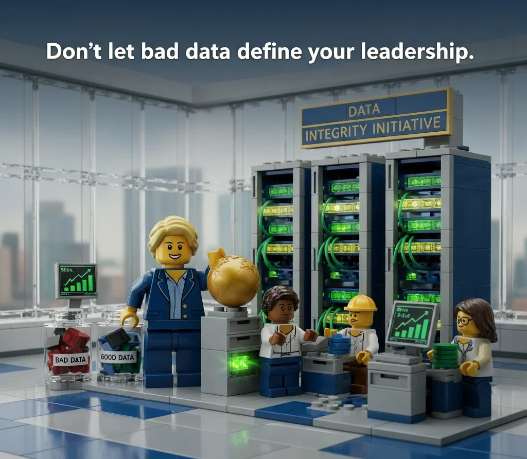 LEGO scene showing confident government leader standing triumphantly next to well-organized data center with team members successfully working with clean systems
