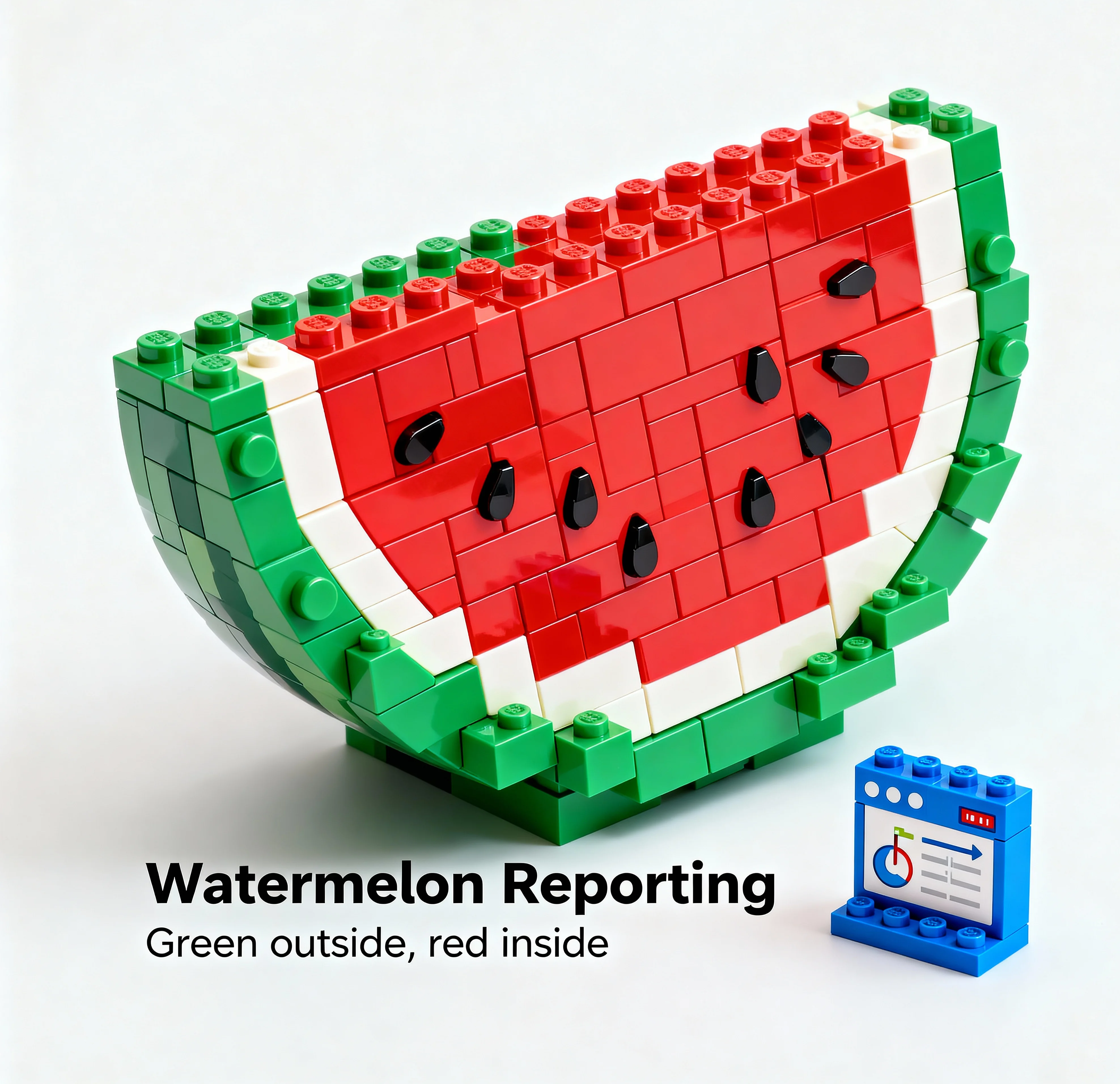LEGO watermelon slice showing green exterior and red interior blocks with text 'Watermelon Reporting - Green outside, red inside' on clean white background