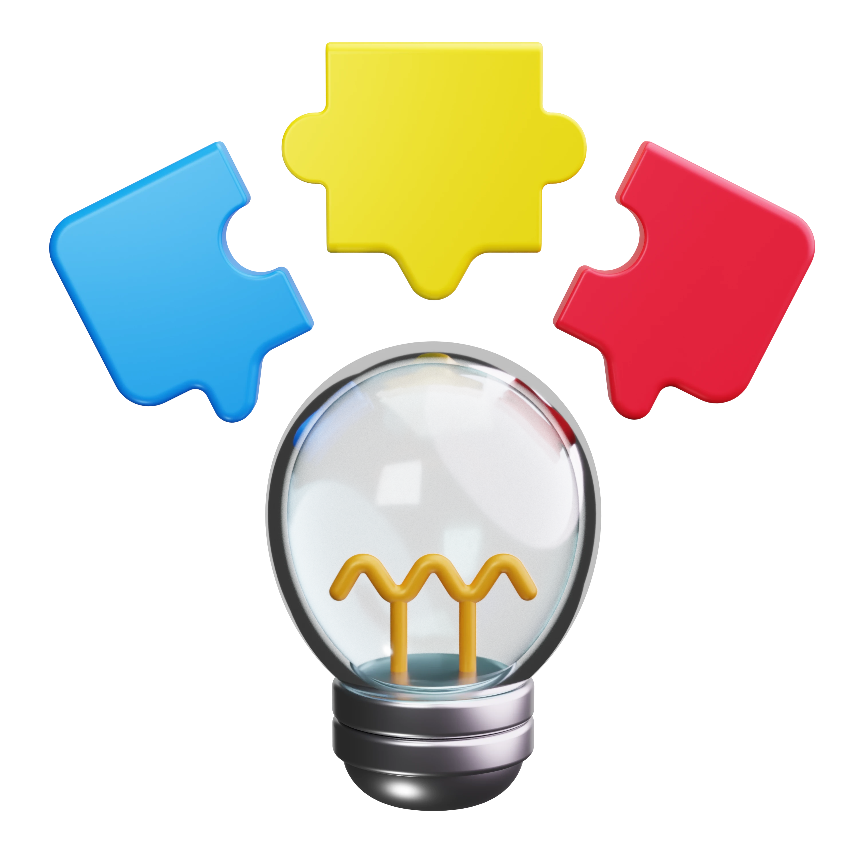 A 3D graphic showing puzzle pieces connecting over a lightbulb, symbolizing solutions and ideas.
